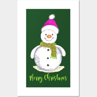 Merry christmas snowman with green scarf and pink hat Posters and Art